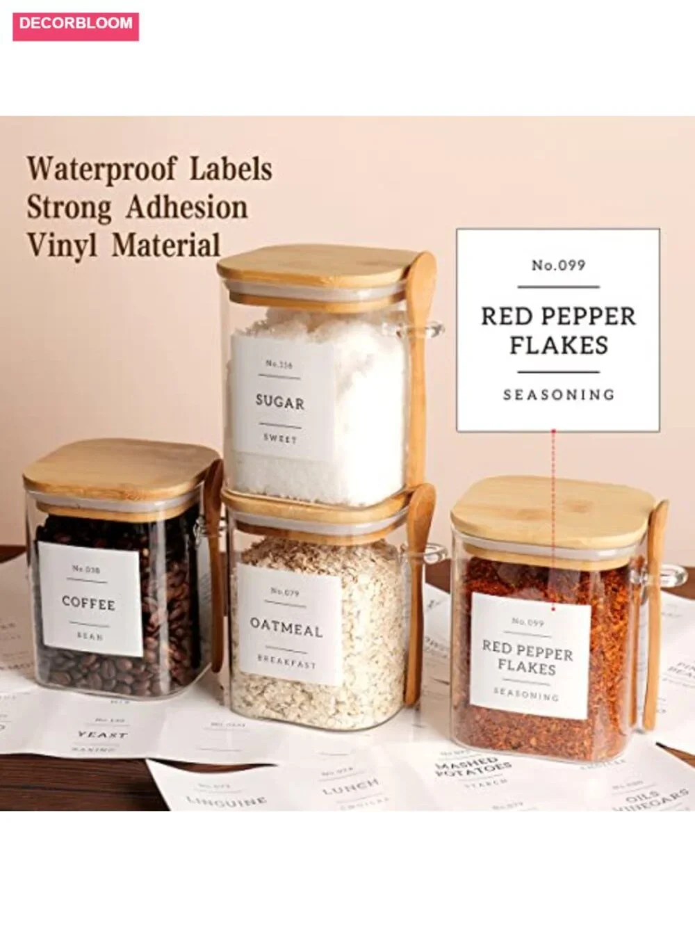 Set of 4 Square Glass Jars with Bamboo Lids and Spoons - Airtight 27 oz